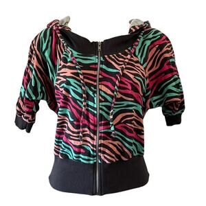 Evolution not Revolution Y2K Colorful Front Zip Hoodie Jacket Top Size Small